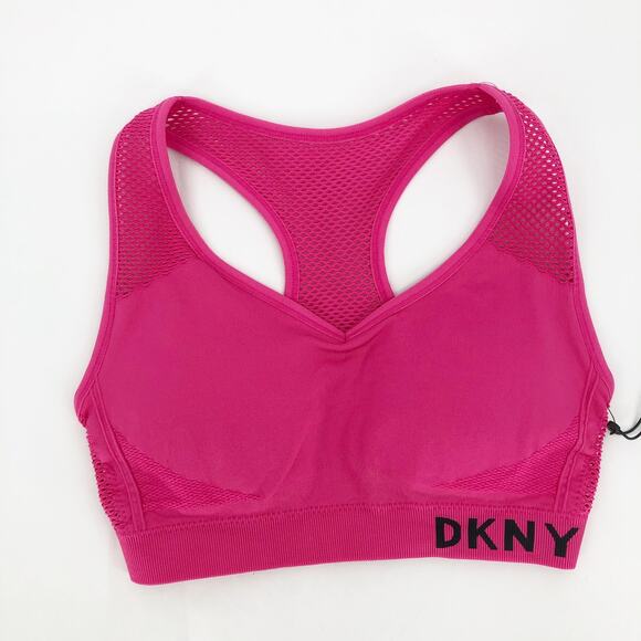 DKNY Womens Sports Bra Small Pink Racerback Logo Mesh Panel Seamless NWT - Picture 5 of 11